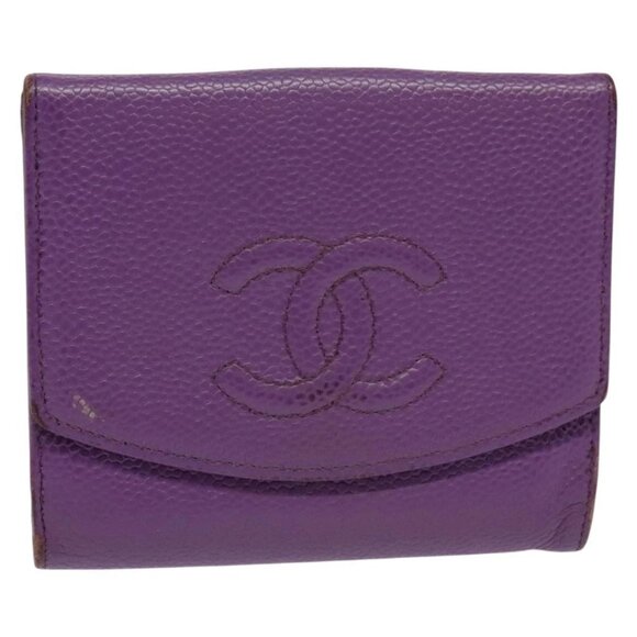 CHANEL COCO Mark Wallet Grained Calf Skin Purple Gold - Picture 1 of 16